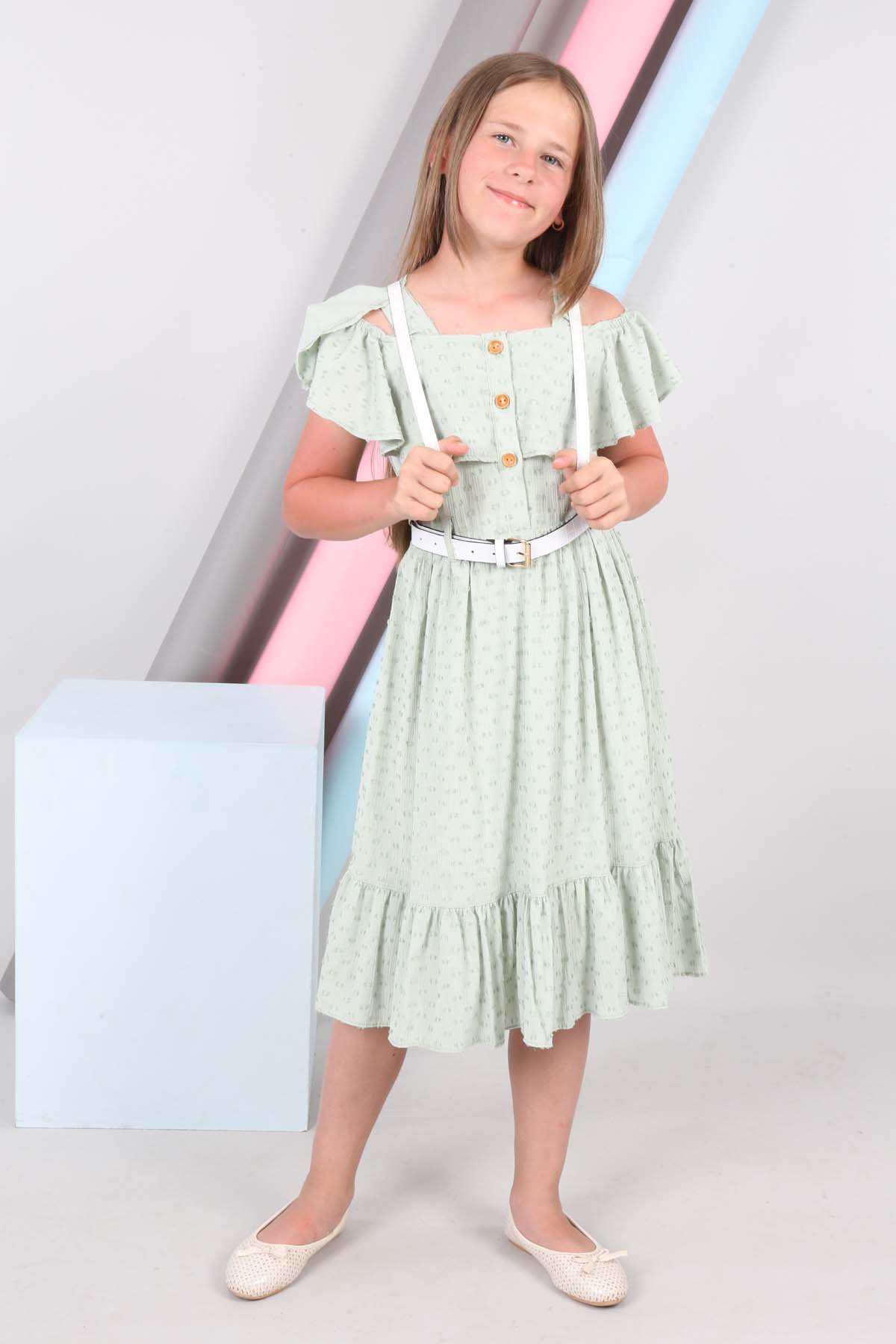TRENDT MODA SIRT ÇANTALI ÖNDEN DÜĞMELİ KEMERLİ ASTARLI YEŞİL RENK ELBİSE