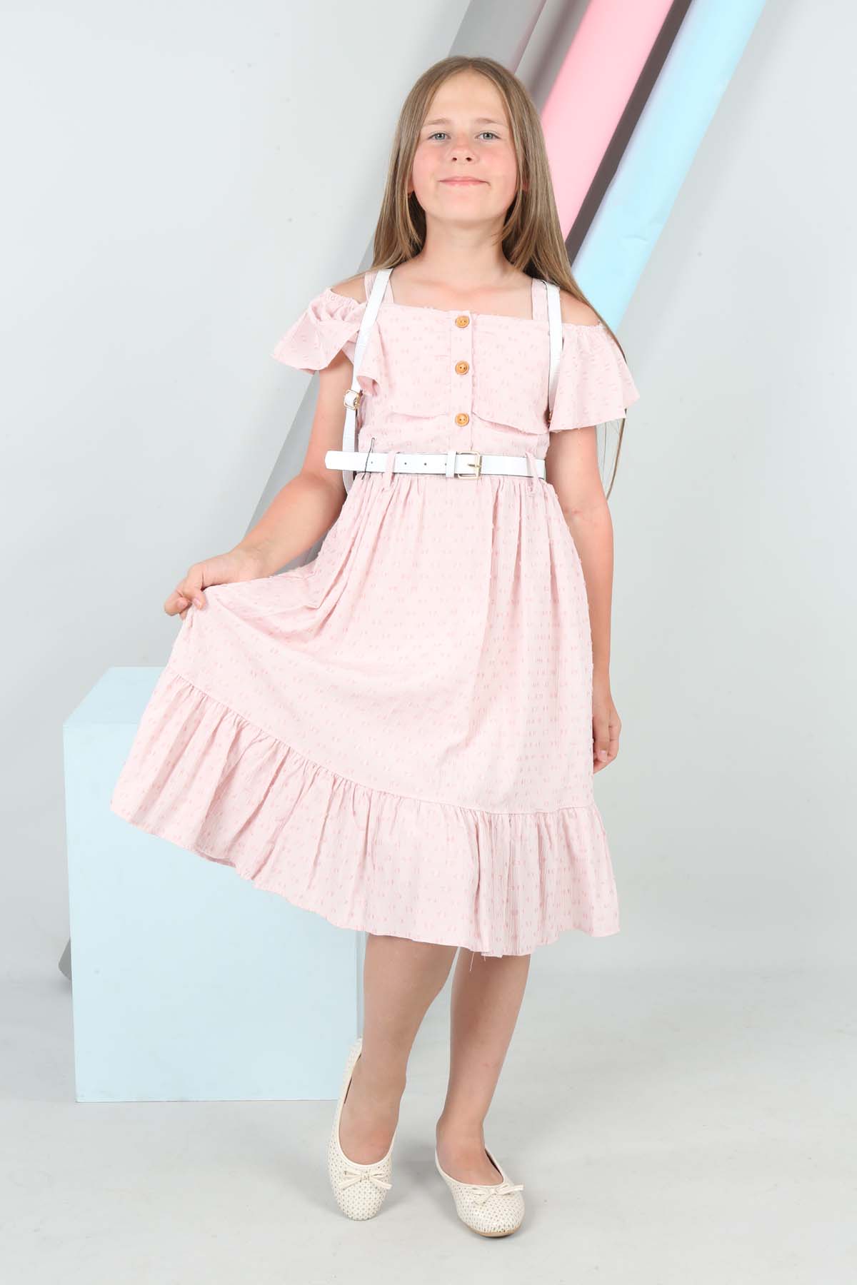 TRENDT MODA SIRT ÇANTALI ÖNDEN DÜĞMELİ KEMERLİ ASTARLI PEMBE RENK ELBİSE
