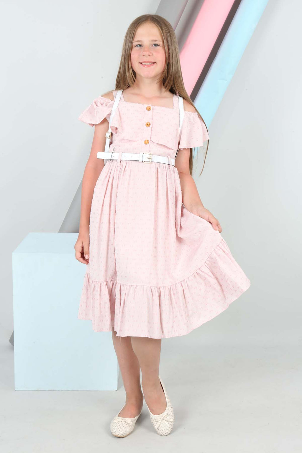 TRENDT MODA SIRT ÇANTALI ÖNDEN DÜĞMELİ KEMERLİ ASTARLI PEMBE RENK ELBİSE
