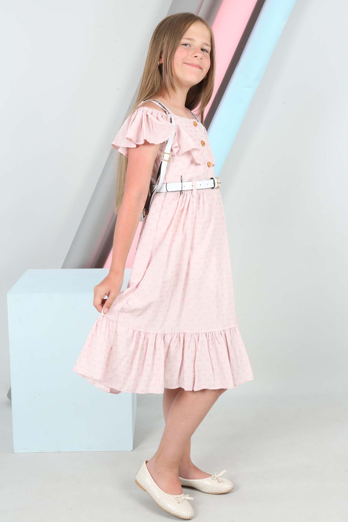 TRENDT MODA SIRT ÇANTALI ÖNDEN DÜĞMELİ KEMERLİ ASTARLI PEMBE RENK ELBİSE