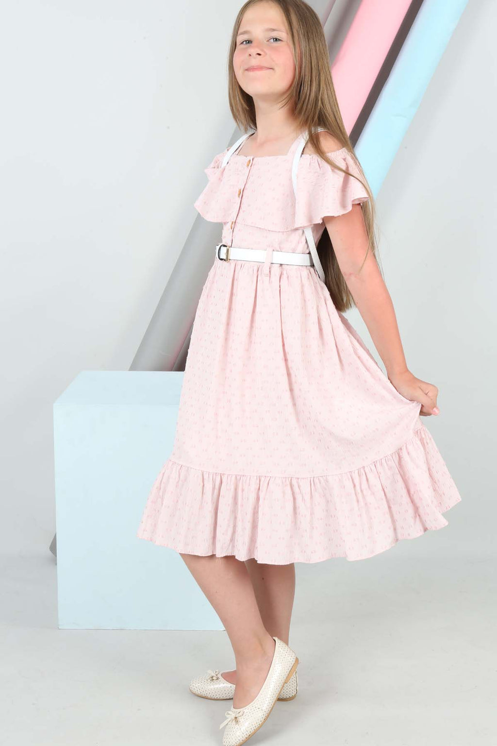 TRENDT MODA SIRT ÇANTALI ÖNDEN DÜĞMELİ KEMERLİ ASTARLI PEMBE RENK ELBİSE