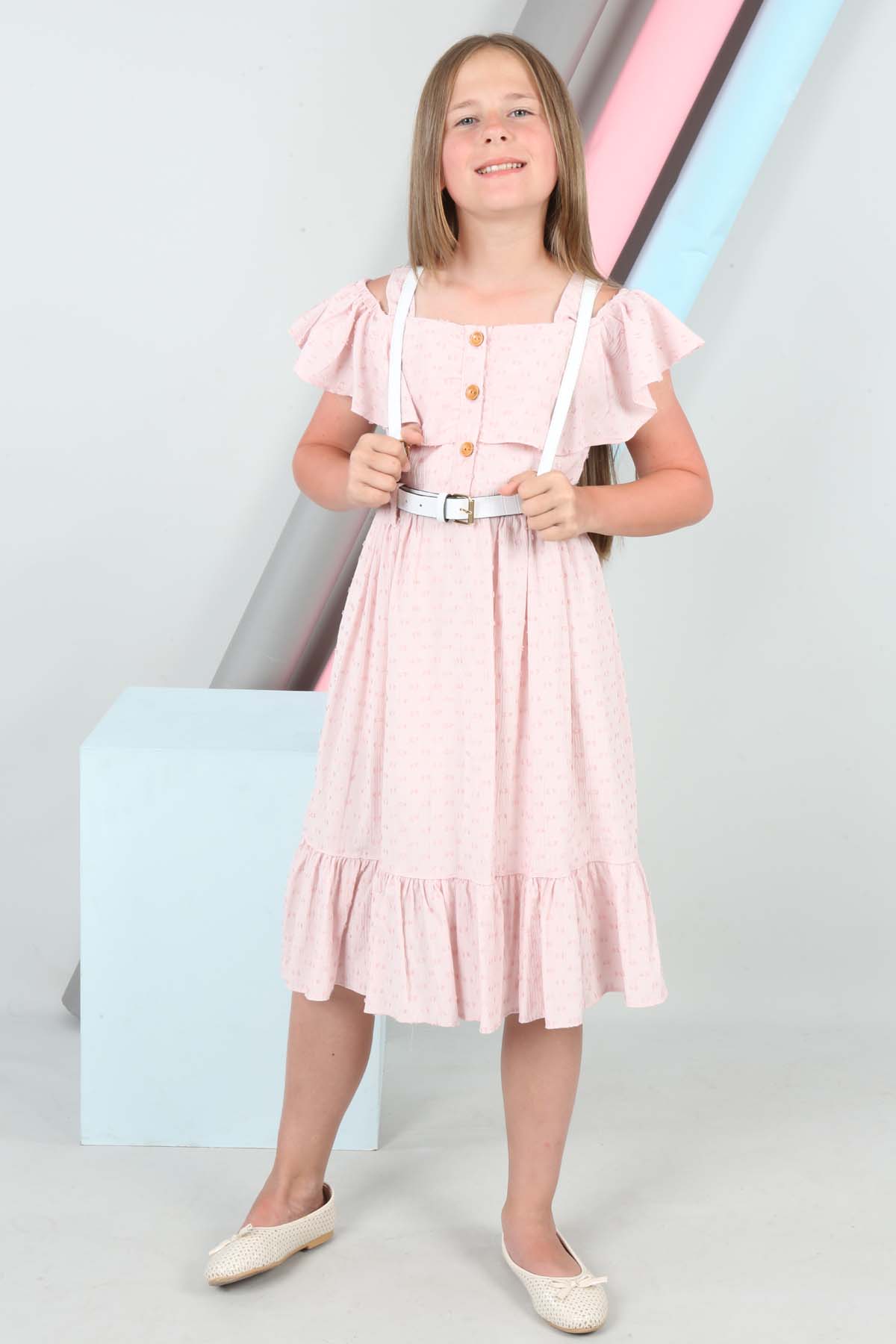 TRENDT MODA SIRT ÇANTALI ÖNDEN DÜĞMELİ KEMERLİ ASTARLI PEMBE RENK ELBİSE