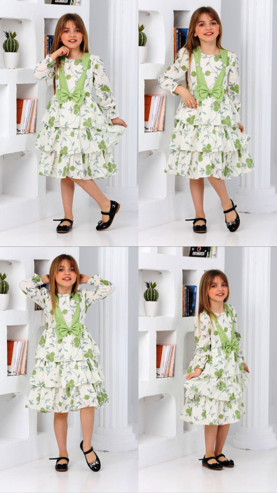 TRENDT MODA ÖNÜ FİYONKLU İNCİLİ ASTARLI KREM ÜZERİNE YEŞİL ÇİÇEKLİ ELBİSE