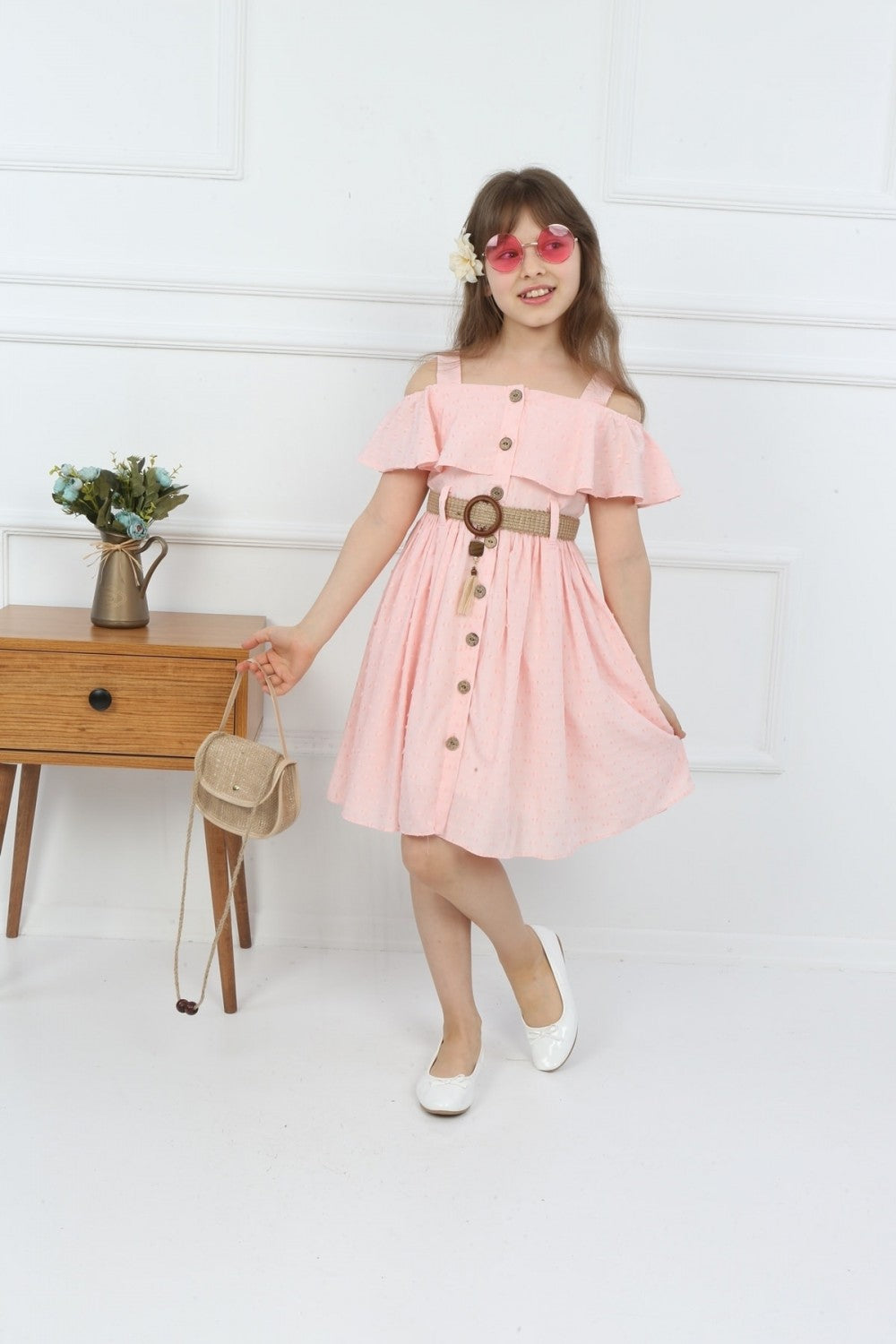 TRENDT MODA ÇANTALI BOYDAN DÜĞMELİ PEMBE RENK ELBİSE
