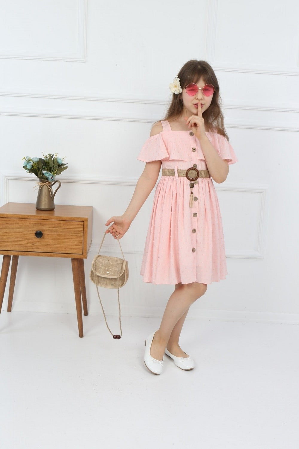 TRENDT MODA ÇANTALI BOYDAN DÜĞMELİ PEMBE RENK ELBİSE