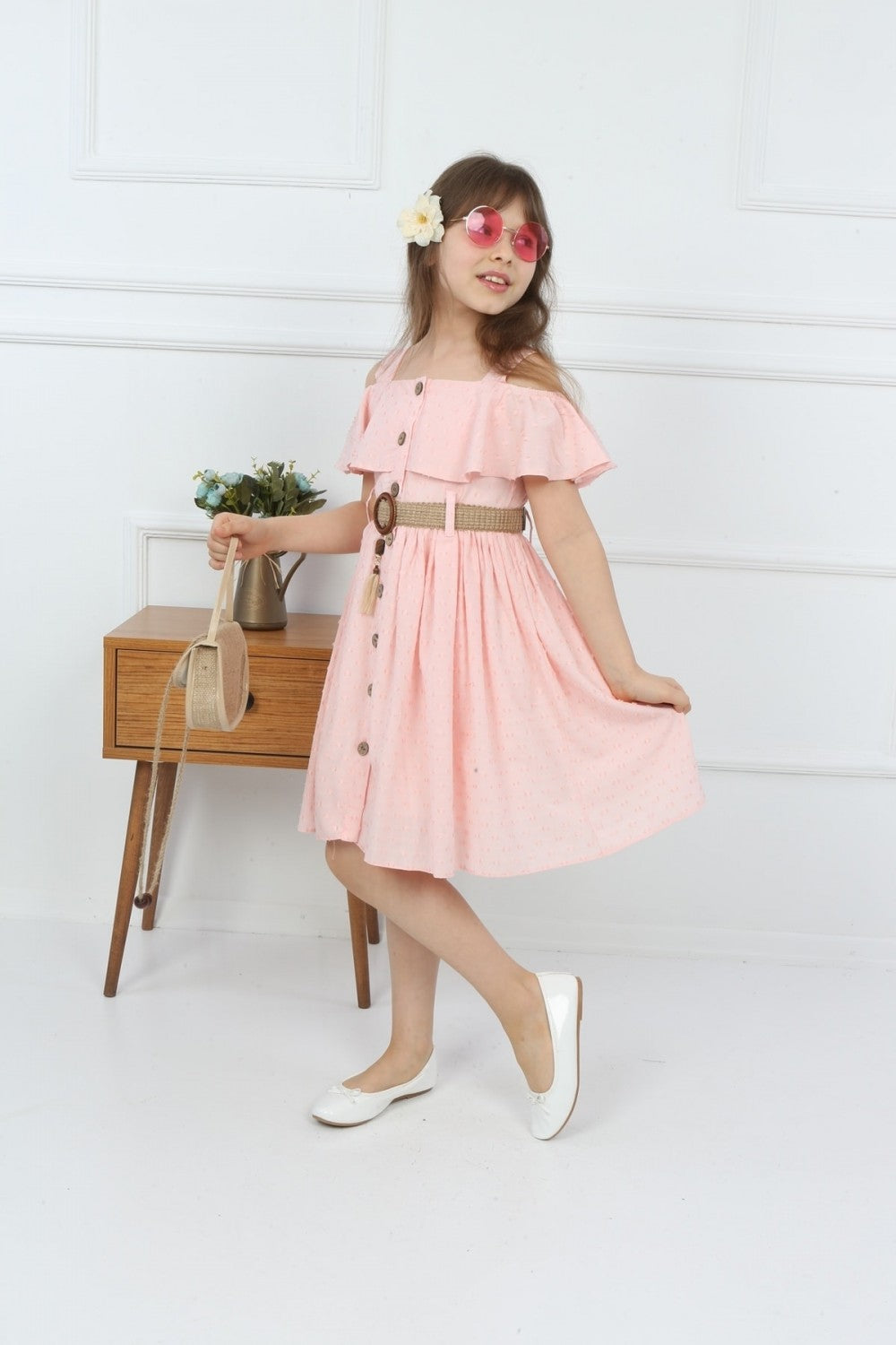 TRENDT MODA ÇANTALI BOYDAN DÜĞMELİ PEMBE RENK ELBİSE