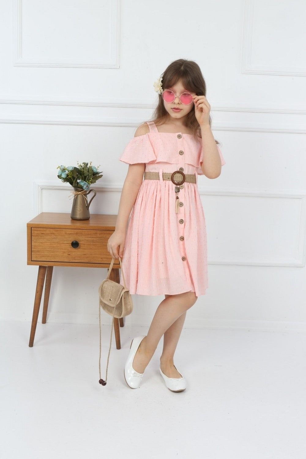 TRENDT MODA ÇANTALI BOYDAN DÜĞMELİ PEMBE RENK ELBİSE