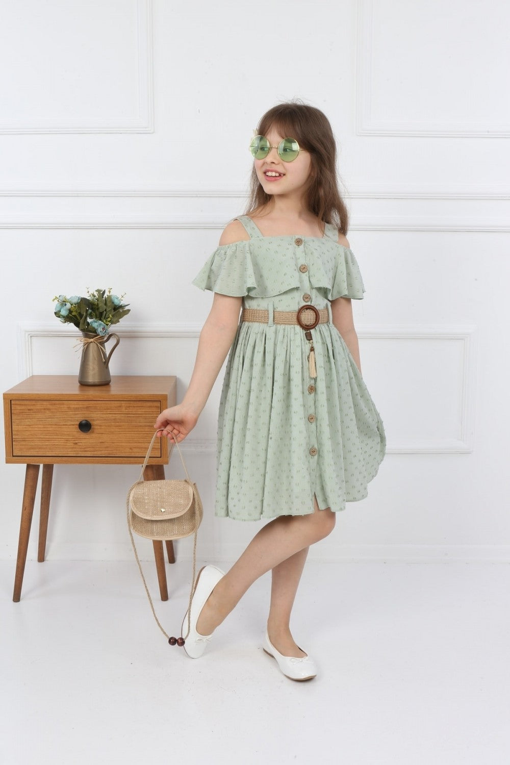 TRENDT MODA ÇANTALI BOYDAN DÜĞMELİ YEŞL RENK ELBİSE