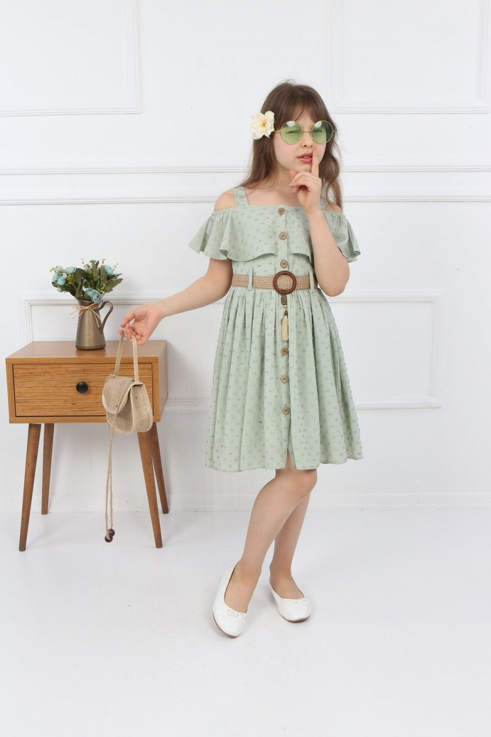 TRENDT MODA ÇANTALI BOYDAN DÜĞMELİ YEŞL RENK ELBİSE