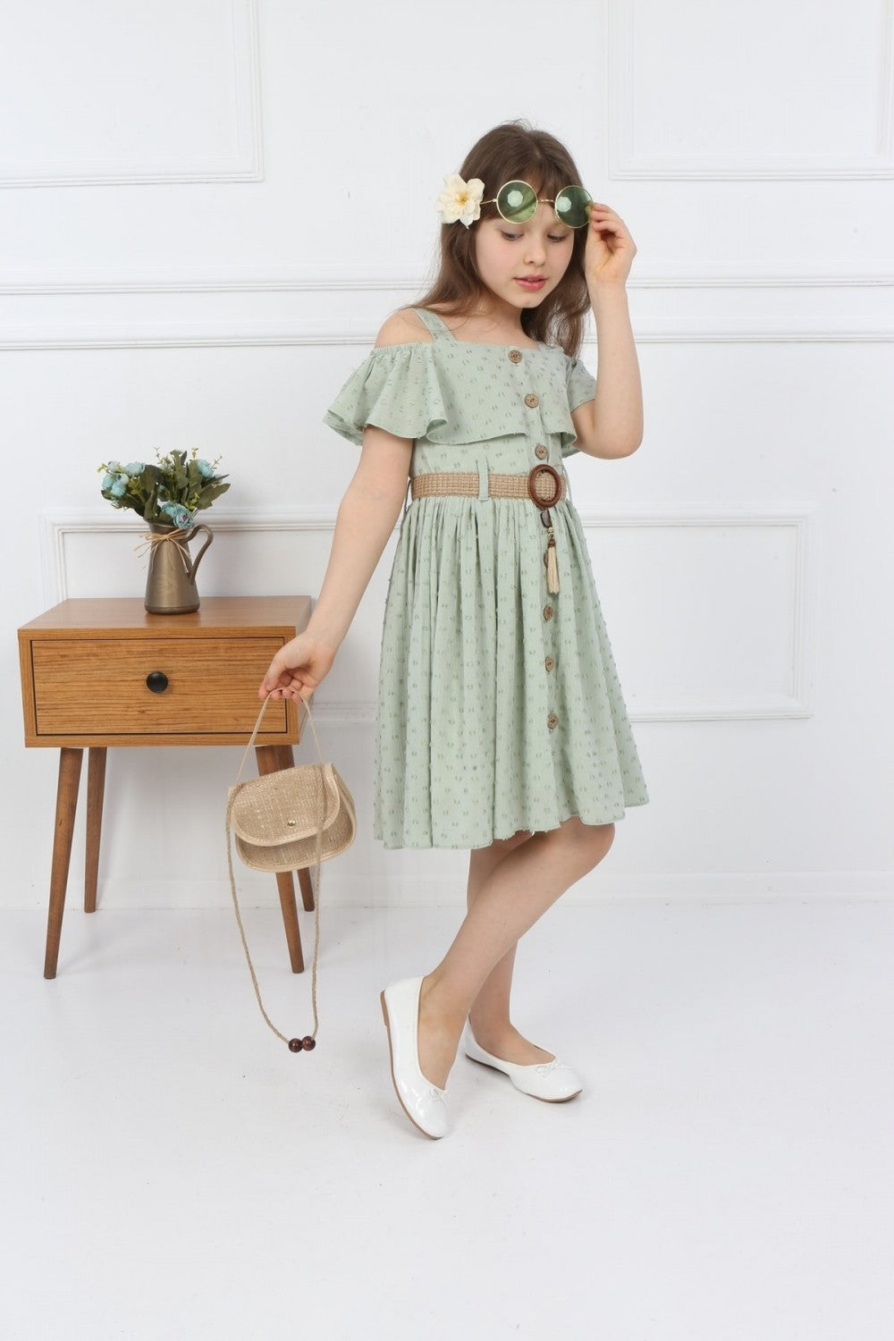 TRENDT MODA ÇANTALI BOYDAN DÜĞMELİ YEŞL RENK ELBİSE