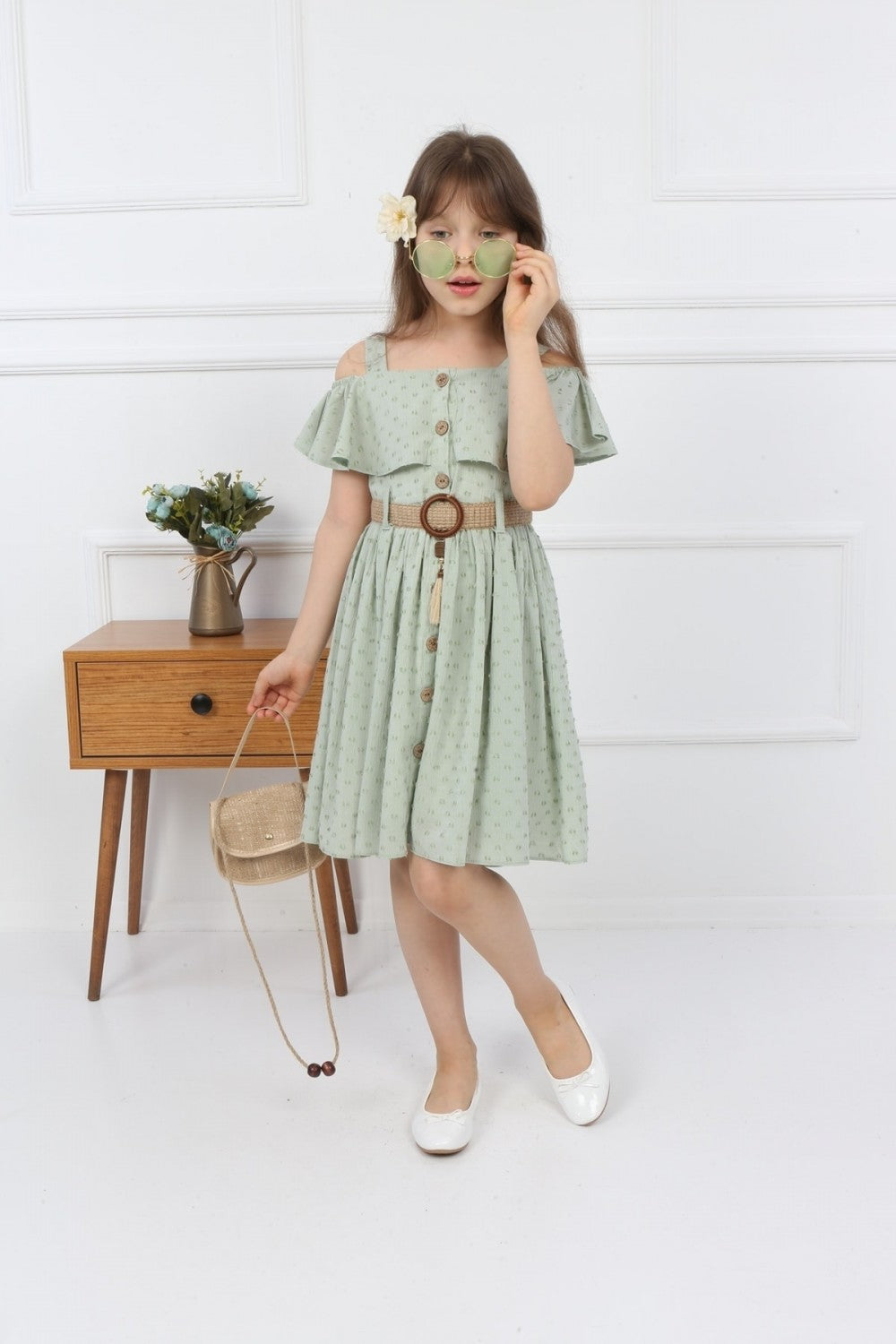 TRENDT MODA ÇANTALI BOYDAN DÜĞMELİ YEŞL RENK ELBİSE