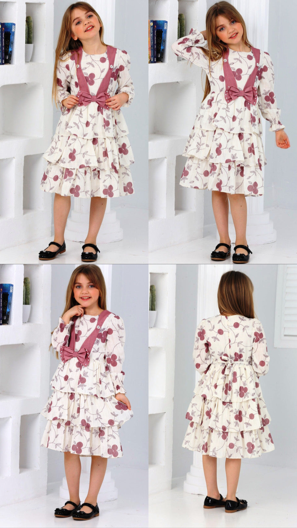 TRENDT MODA ÖNÜ FİYONKLU İNCİLİ ASTARLI KREM ÜZERİNE PEMBE ÇİÇEKLİ ELBİSE