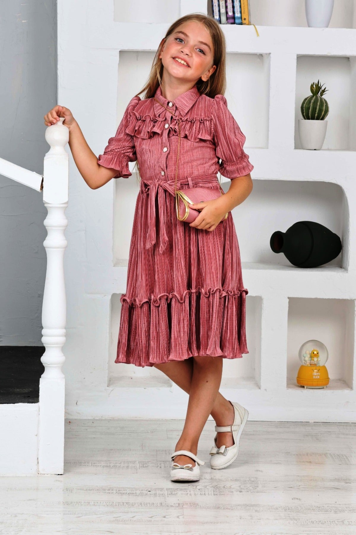 TRENDT MODA BÜRÜMCÜK KUMAŞ ÖNDEN DÜĞMELİ FIRFIR DETAYLI ÇANTALI KUŞAKLI FUŞYA RENK ELBİSE