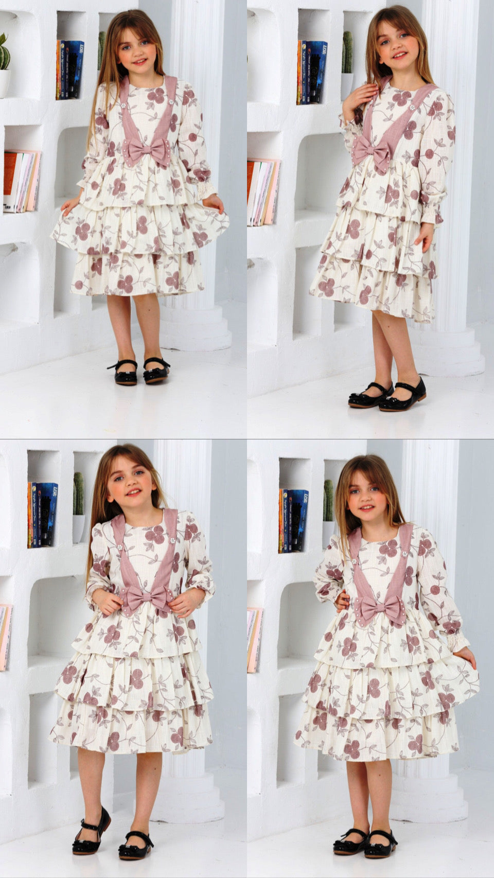 TRENDT MODA ÖNÜ FİYONKLU İNCİLİ ASTARLI KREM ÜZERİNE KAHVE ÇİÇEKLİ ELBİSE