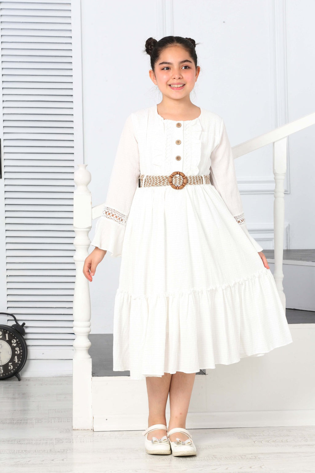 TRENDT MODA ÖNDEN GÜGMELİ KOL FİLE DETAYLI  KEMERLİ ASTARLI BEYAZ RENK ELBİSE