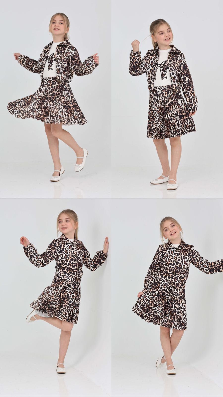 TRENDT MODA  LEOPAR PİLİSELİ ETEK FİTLLİ BADİ CEKET ÜÇLÜ TAKIM