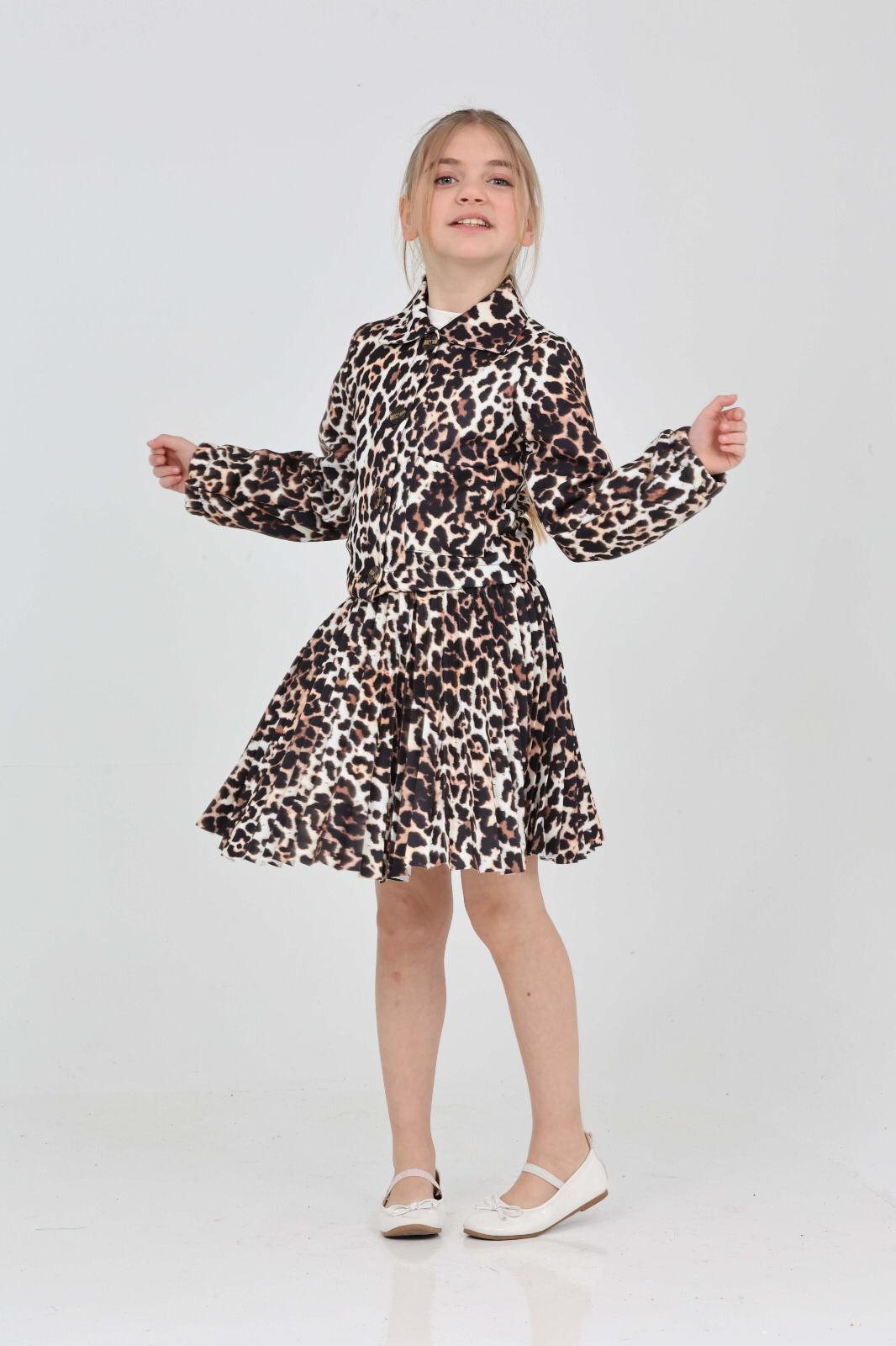 TRENDT MODA  LEOPAR PİLİSELİ ETEK FİTLLİ BADİ CEKET ÜÇLÜ TAKIM