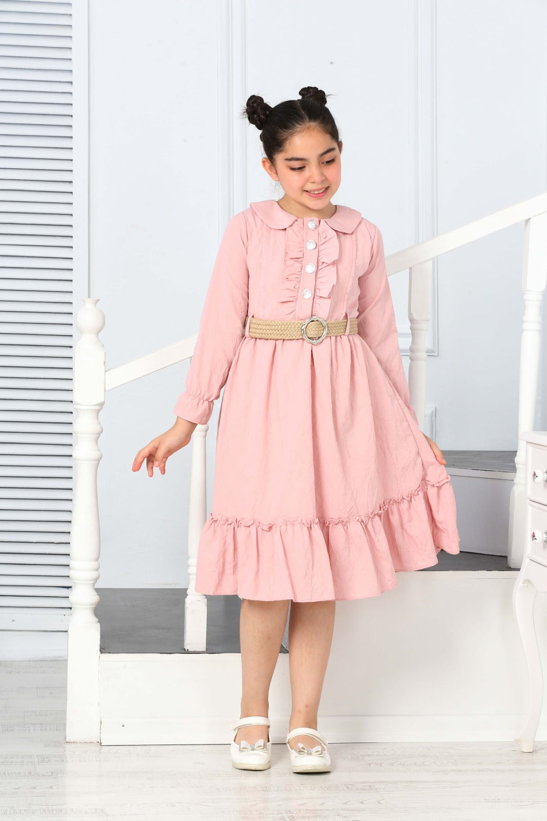 TRENDT MODA  PARLAK DÜGMELİ ÖNÜ FIRFIRLI KEMERLİ ASTARLI UZUN KOL PEMBE RENK ELBİSE