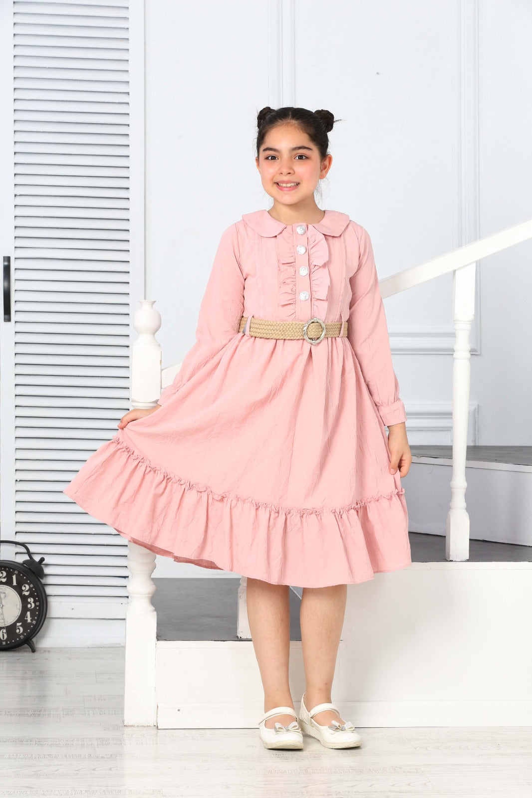 TRENDT MODA  PARLAK DÜGMELİ ÖNÜ FIRFIRLI KEMERLİ ASTARLI UZUN KOL PEMBE RENK ELBİSE