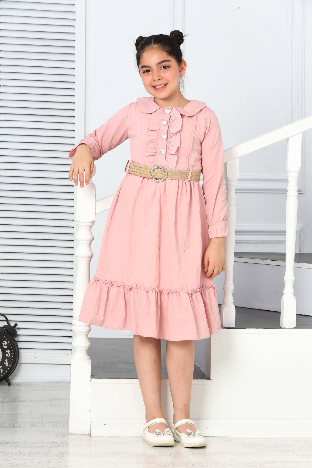 TRENDT MODA  PARLAK DÜGMELİ ÖNÜ FIRFIRLI KEMERLİ ASTARLI UZUN KOL PEMBE RENK ELBİSE