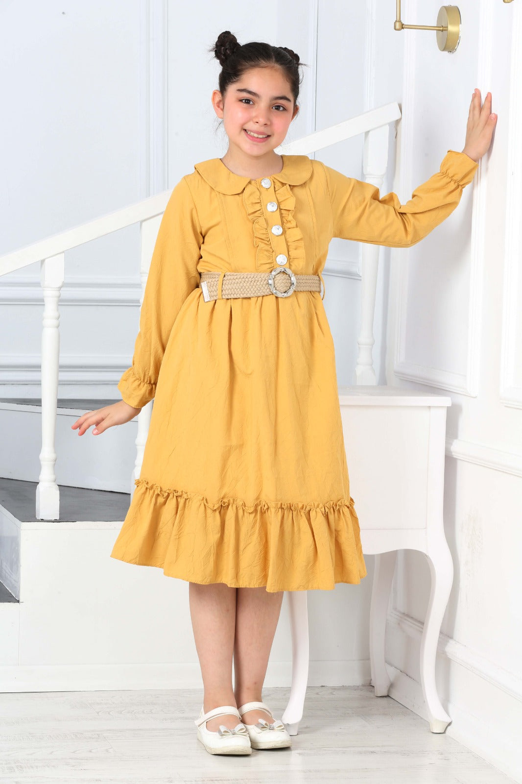 TRENDT MODA  PARLAK DÜGMELİ ÖNÜ FIRFIRLI KEMERLİ ASTARLI UZUN KOL SARI RENK ELBİSE