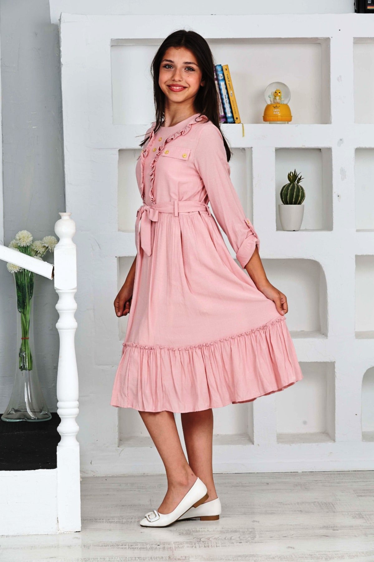TRENDT MODA UZUNKOL ÖNÜ  FIRFIR DÜĞME DETAYLI ARKASI FERMUARLI ASTARLI KUŞAKLI PEMBE RENK ELBİSE