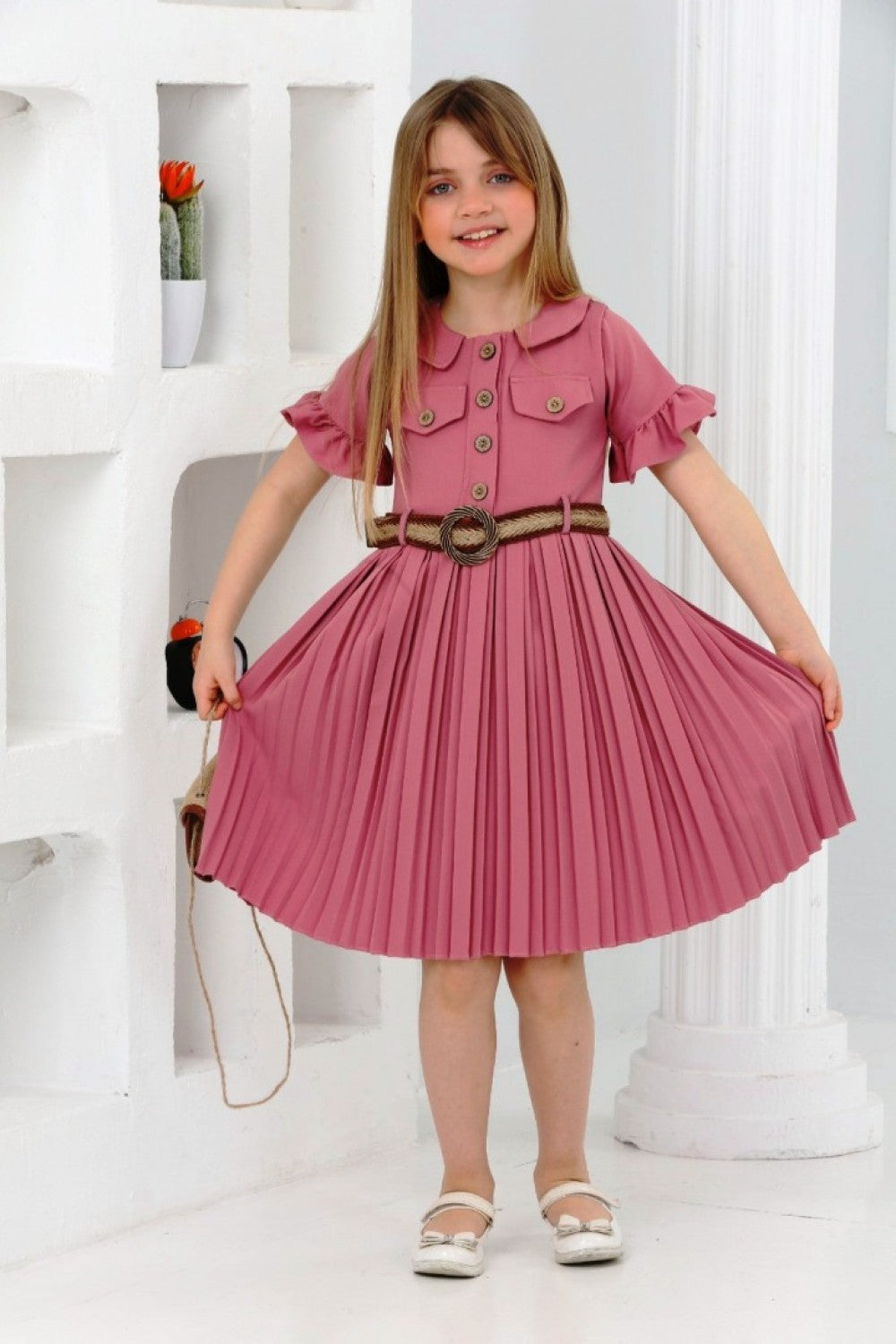 TRENDT MODA  ÇANTALI KEMERLİ FUŞYA RENK PİLİSELİ ELBİSE