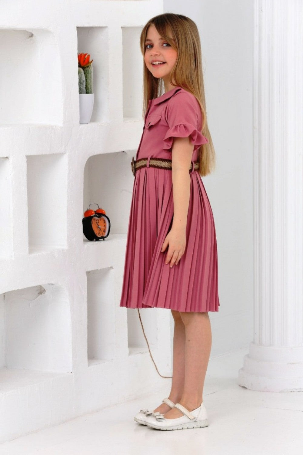 TRENDT MODA  ÇANTALI KEMERLİ FUŞYA RENK PİLİSELİ ELBİSE