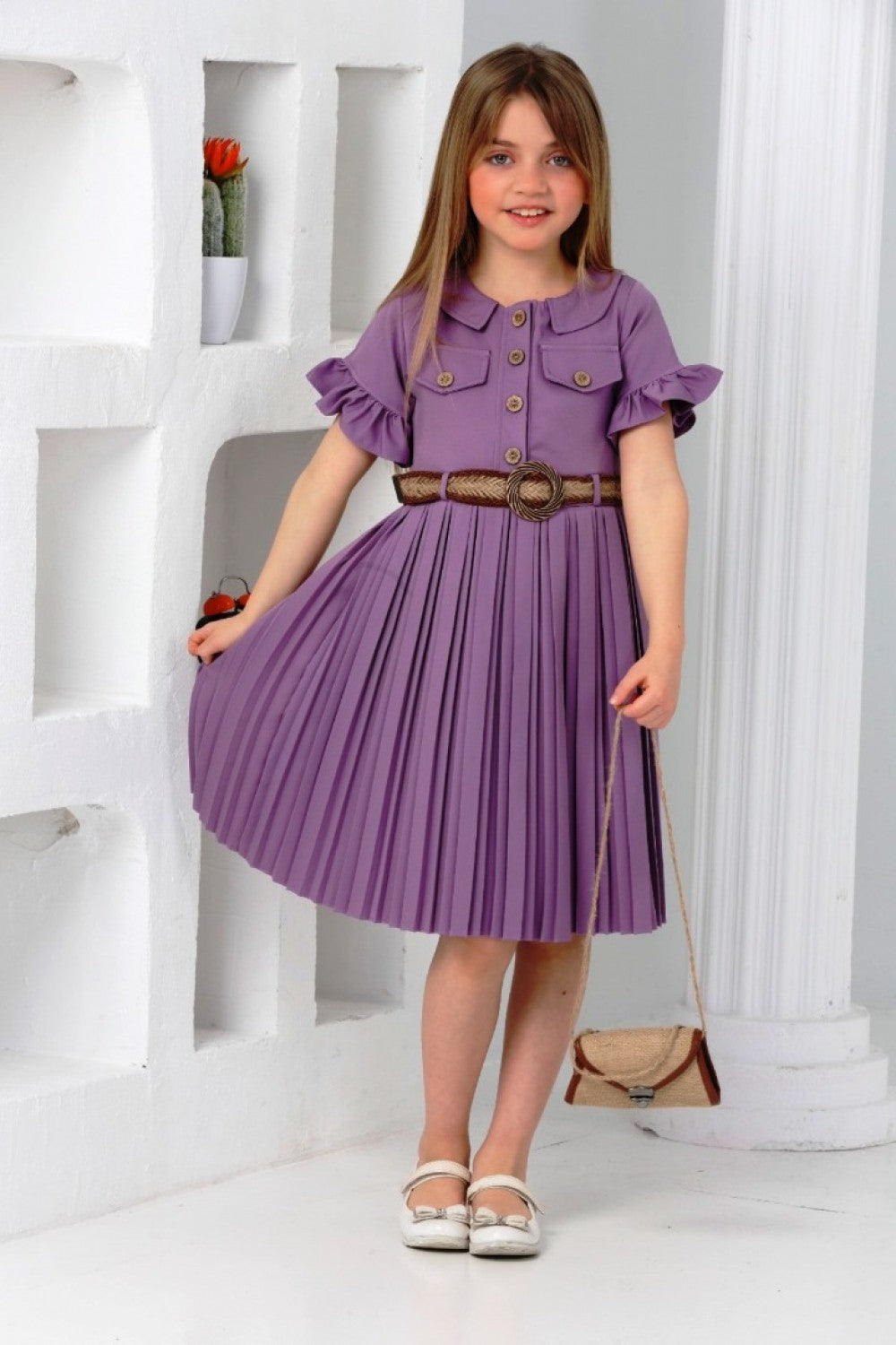 TRENDT MODA  ÇANTALI KEMERLİ MOR RENK PİLİSELİ ELBİSE
