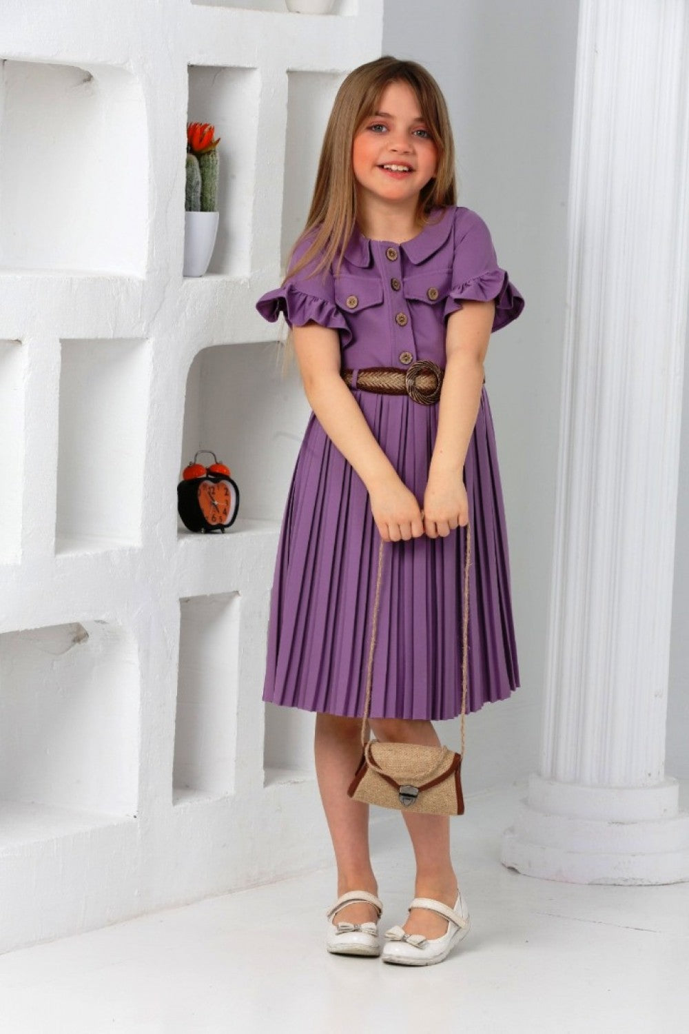 TRENDT MODA  ÇANTALI KEMERLİ MOR RENK PİLİSELİ ELBİSE