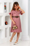 TRENDT MODA  ÇANTALI KEMERLİ PEMBE RENK PİLİSELİ ELBİSE