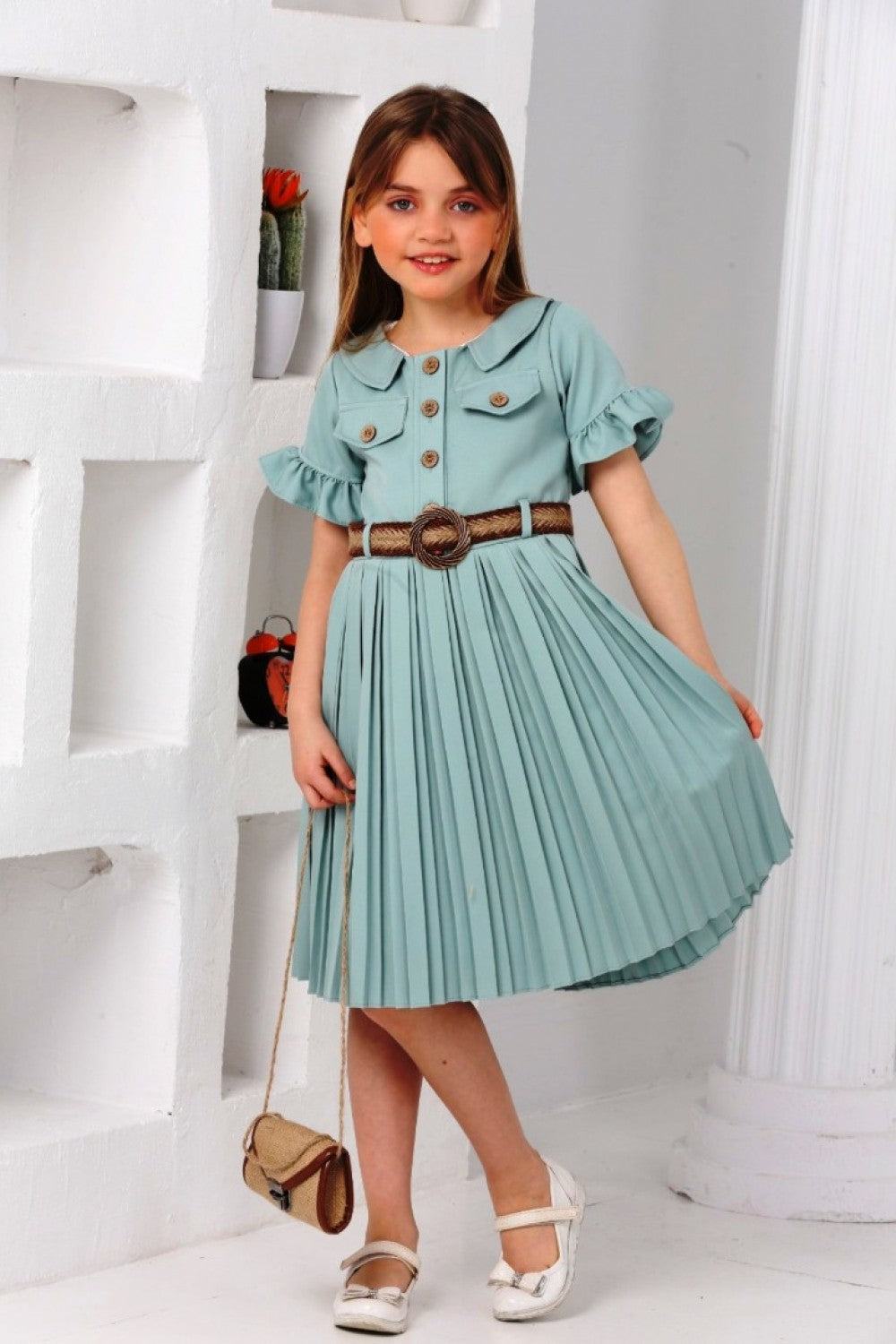 TRENDT MODA  ÇANTALI KEMERLİ YEŞİL RENK PİLİSELİ ELBİSE