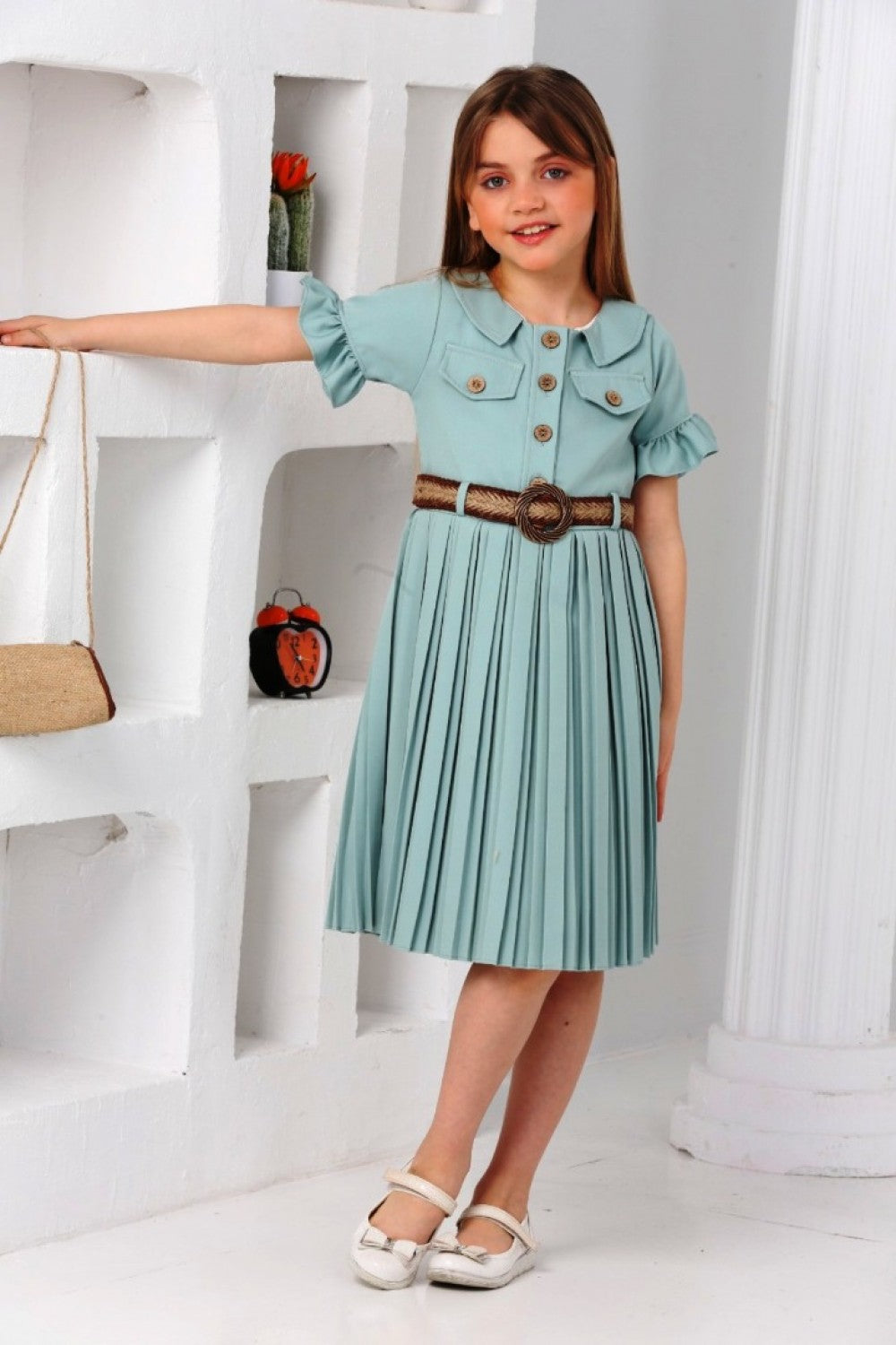 TRENDT MODA  ÇANTALI KEMERLİ YEŞİL RENK PİLİSELİ ELBİSE