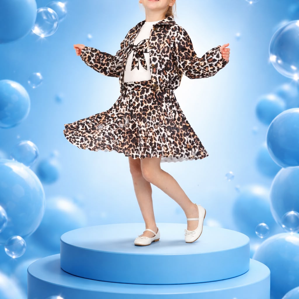 TRENDT MODA  LEOPAR PİLİSELİ ETEK FİTLLİ BADİ CEKET ÜÇLÜ TAKIM