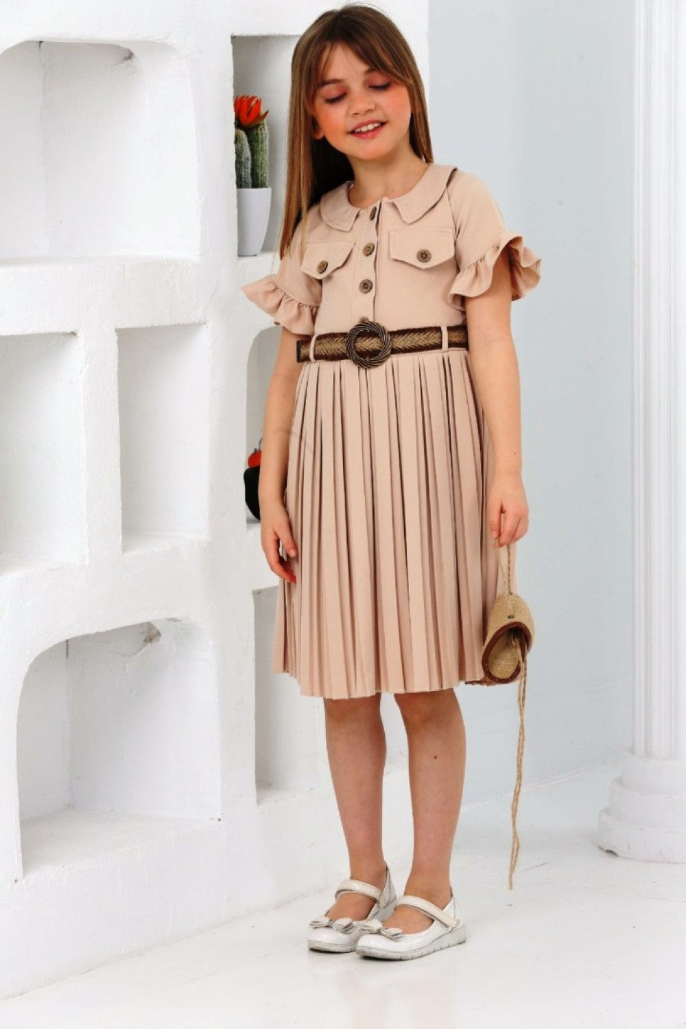 TRENDT MODA  ÇANTALI KEMERLİ BEJ RENK PİLİSELİ ELBİSE