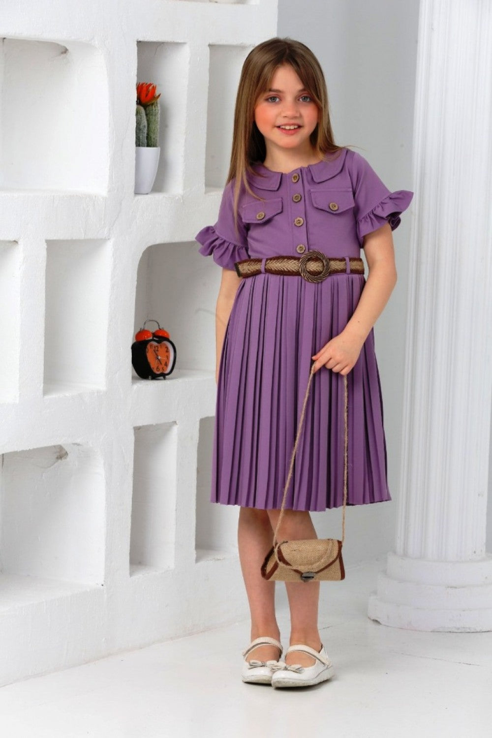 TRENDT MODA  ÇANTALI KEMERLİ MOR RENK PİLİSELİ ELBİSE