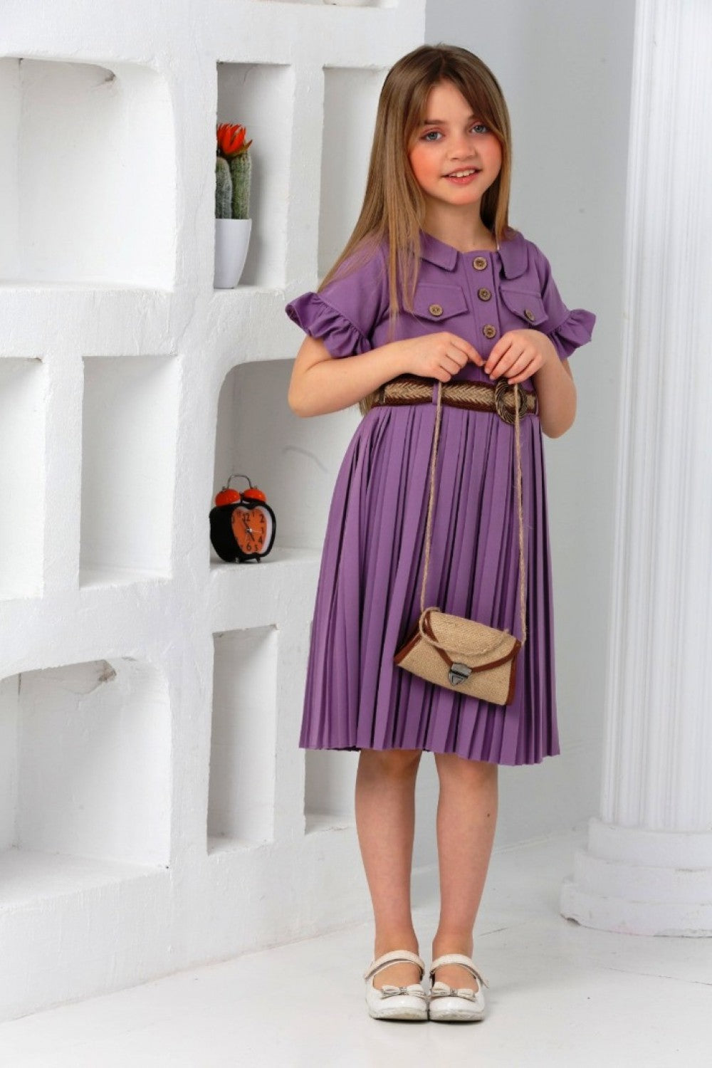 TRENDT MODA  ÇANTALI KEMERLİ MOR RENK PİLİSELİ ELBİSE
