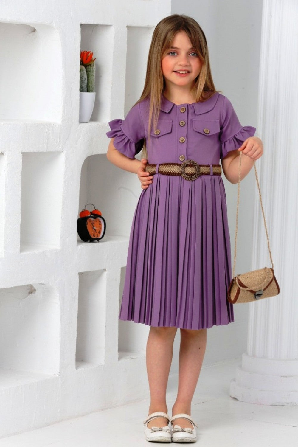 TRENDT MODA TASCHE MIT GÜRTEL LILA FALTENKLEID