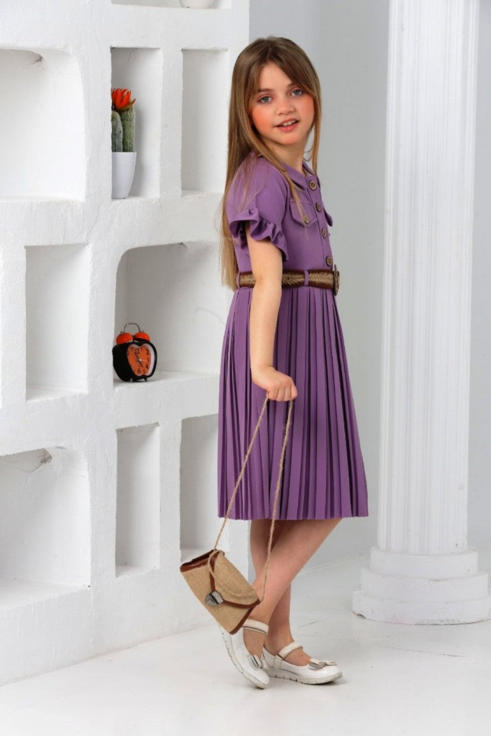 TRENDT MODA TASCHE MIT GÜRTEL LILA FALTENKLEID