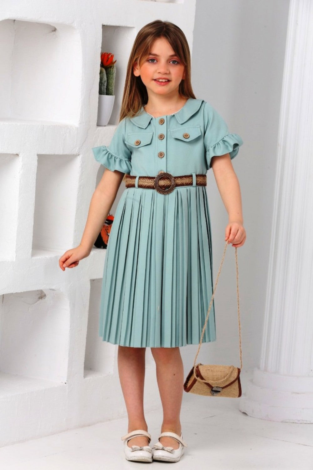 TRENDT MODA  ÇANTALI KEMERLİ YEŞİL RENK PİLİSELİ ELBİSE