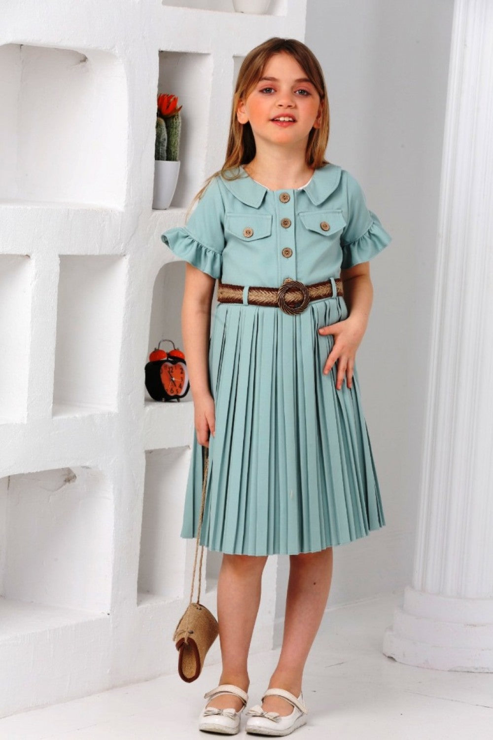 TRENDT MODA  ÇANTALI KEMERLİ YEŞİL RENK PİLİSELİ ELBİSE