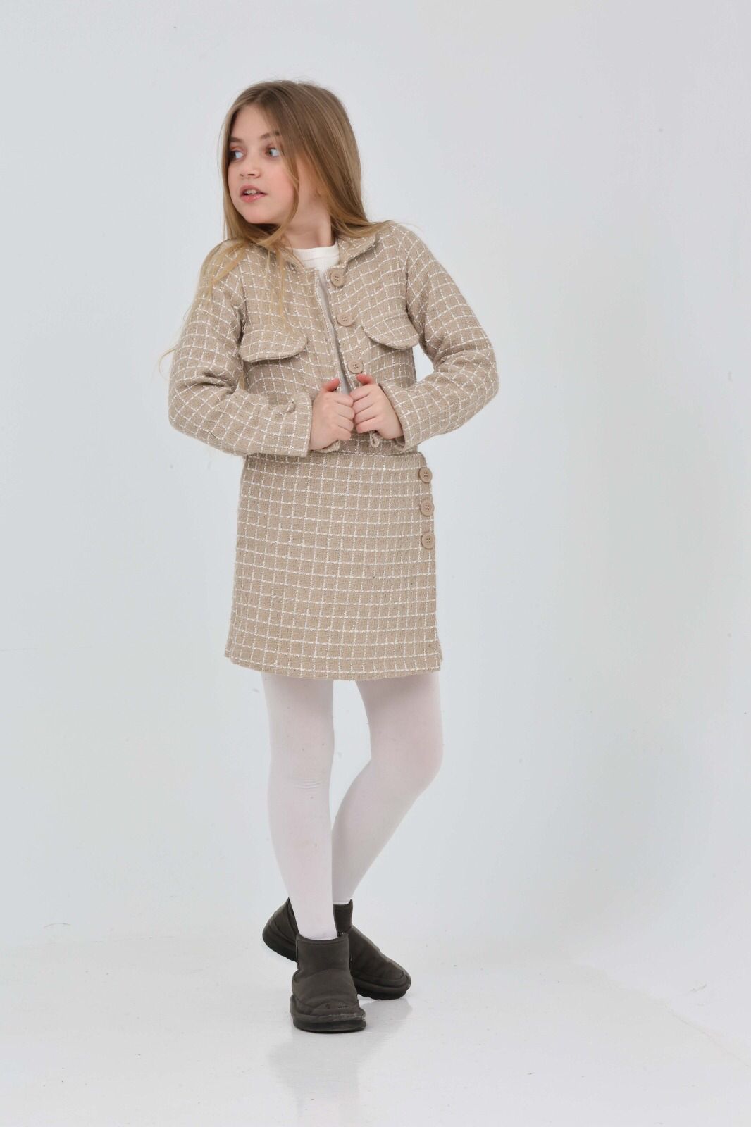 TRENDT MODA ŞANEL KUMAŞ CEKET ŞORT ETEK FİTİLLİ BADİ  BEJ RENK ÜÇ PARÇA TAKIM
