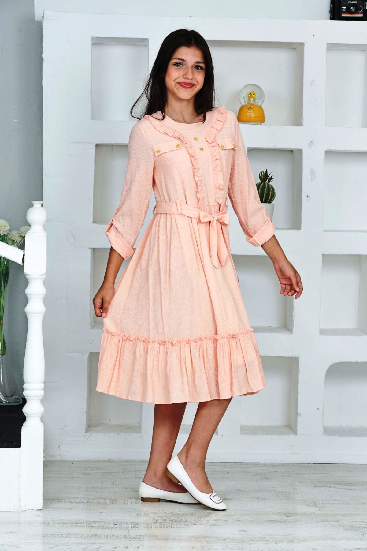 TRENDT MODA UZUNKOL ÖNÜ  FIRFIR DÜĞME DETAYLI ARKASI FERMUARLI ASTARLI KUŞAKLI YEŞİL RENK ELBİSE (Kopya) (Kopya) (Kopya) (Kopya)