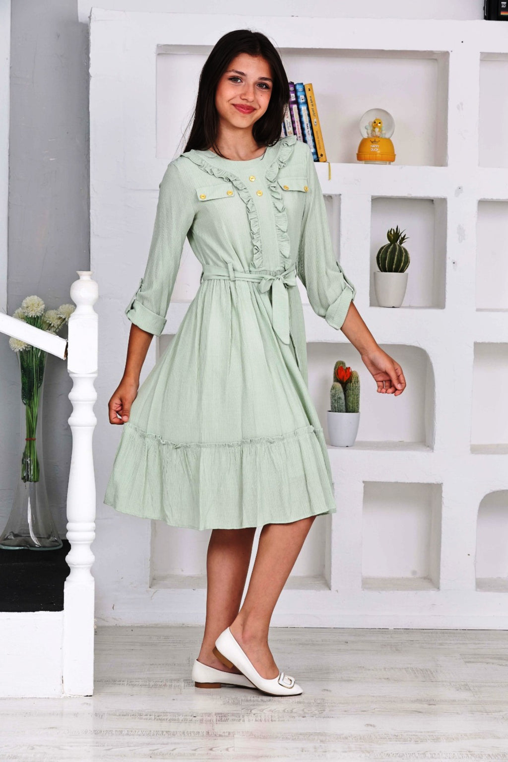 TRENDT MODA LANGARM VORNE VOLANT KNOPFDETAIL HINTEN REIßVERSCHLUSS MIT FUTTER GÜRTEL GRÜNES KLEID