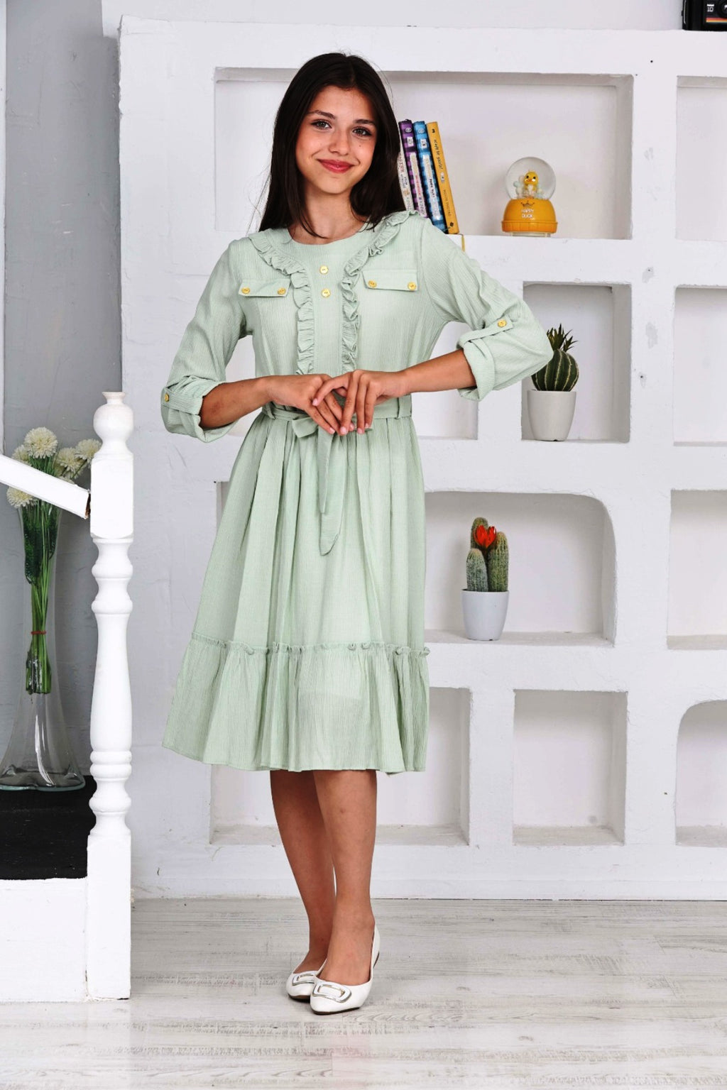 TRENDT MODA LANGARM VORNE VOLANT KNOPFDETAIL HINTEN REIßVERSCHLUSS MIT FUTTER GÜRTEL GRÜNES KLEID
