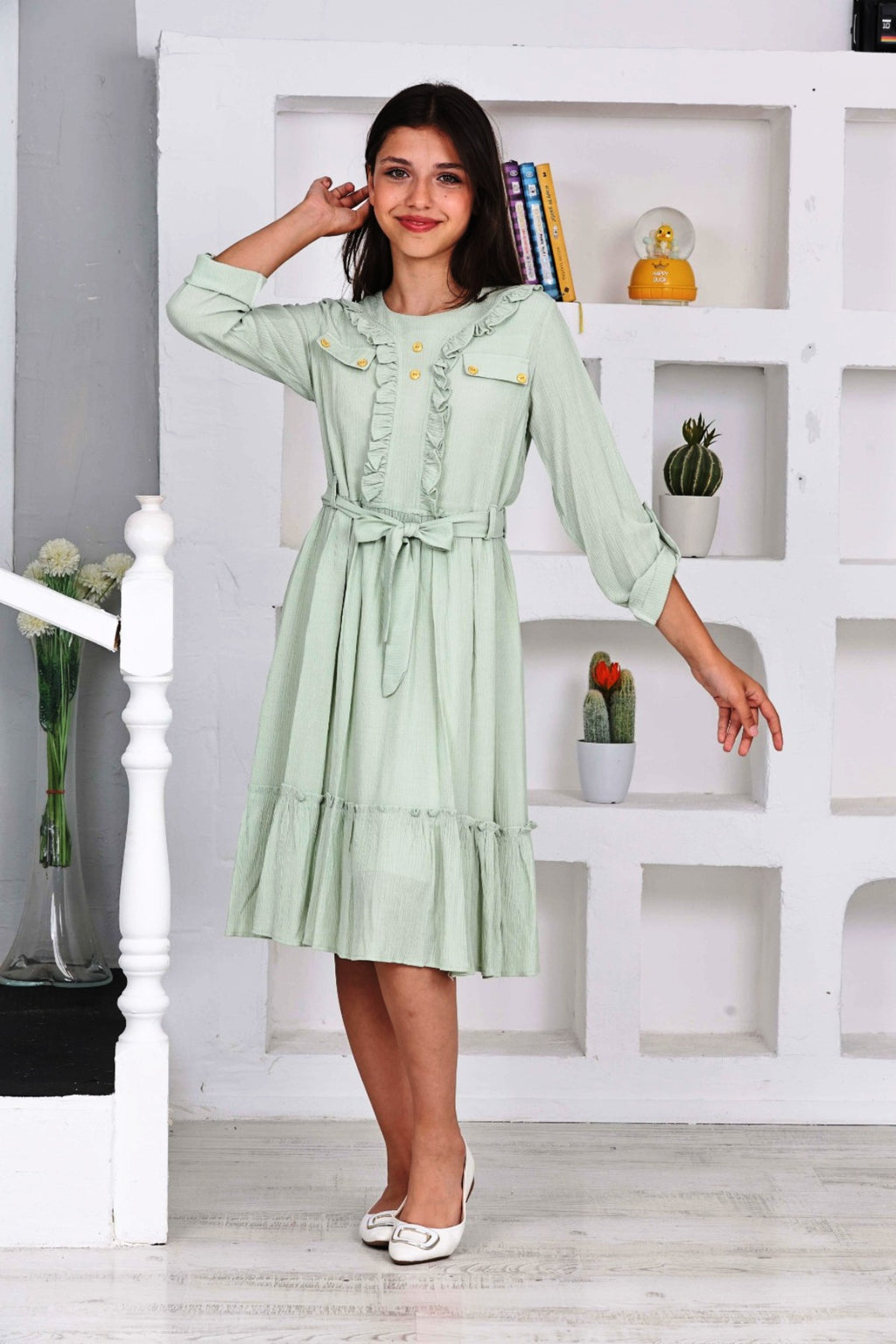 TRENDT MODA LANGARM VORNE VOLANT KNOPFDETAIL HINTEN REIßVERSCHLUSS MIT FUTTER GÜRTEL GRÜNES KLEID