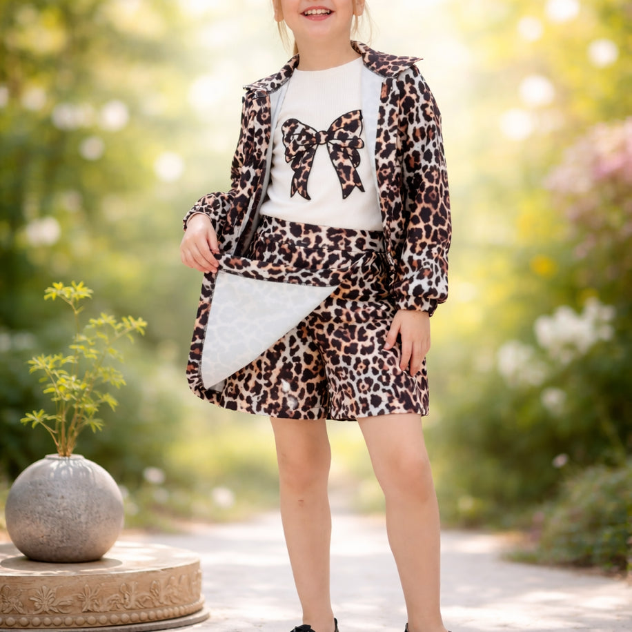 TRENDT MODA LEOPAR CEKET LEOPAR ŞORT ETEK  FİTİLLİ BADİ ÜÇ PARÇA TAKIM
