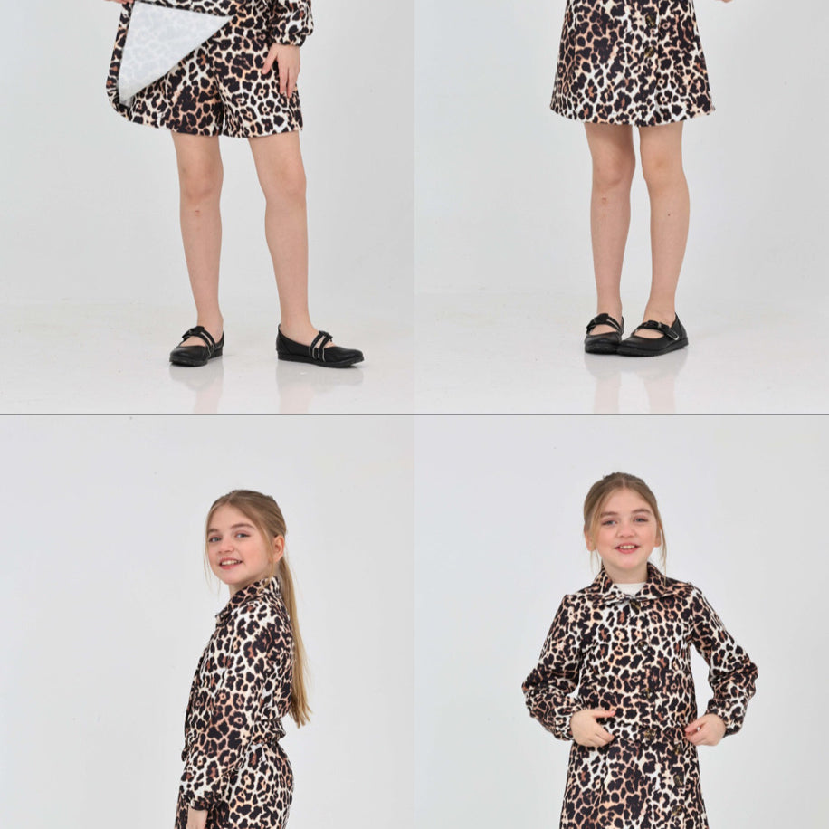TRENDT MODA LEOPAR CEKET LEOPAR ŞORT ETEK  FİTİLLİ BADİ ÜÇ PARÇA TAKIM