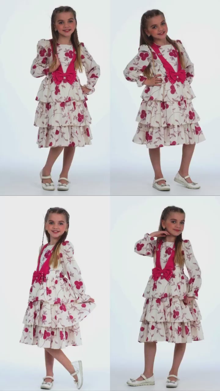TRENDT MODA ÖNÜ FİYONKLU İNCİLİ ASTARLI KREM ÜZERİNE KAHVE ÇİÇEKLİ ELBİSE