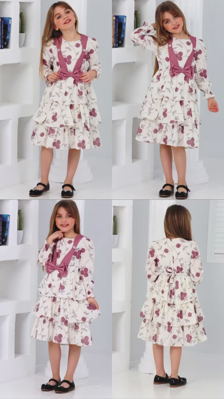 TRENDT MODA ÖNÜ FİYONKLU İNCİLİ ASTARLI KREM ÜZERİNE SARI ÇİÇEKLİ ELBİSE